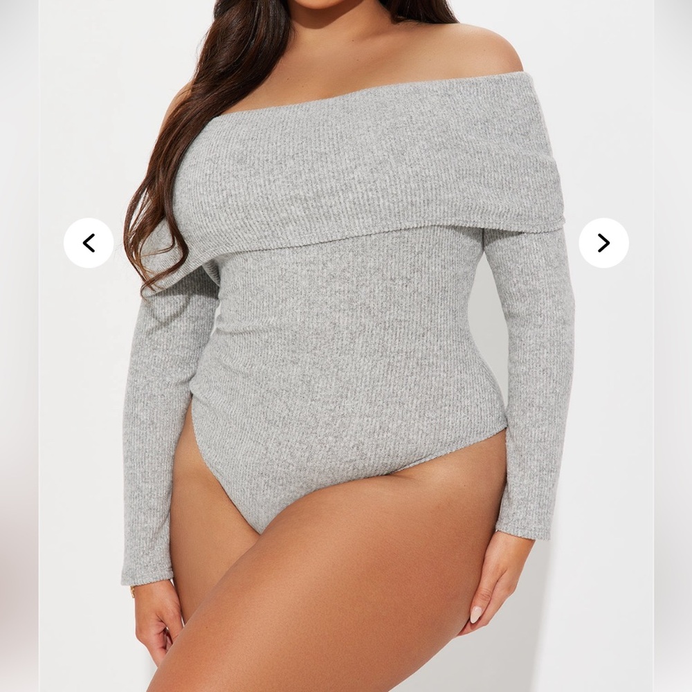 1X Bodysuit Fashion Nova Gray Off-Shoulder Samantha Ribbed Heather Grey Sweater